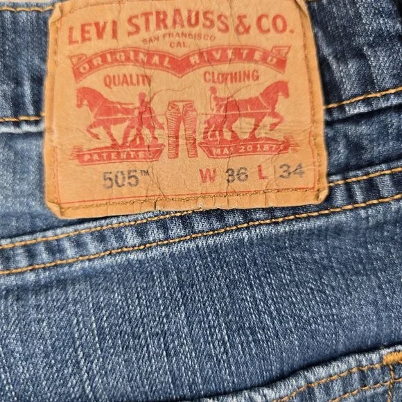 Levis 505 Mens Jeans 36x34 Regular Fit Straight Leg Denim Blue - Picture 3 of 3